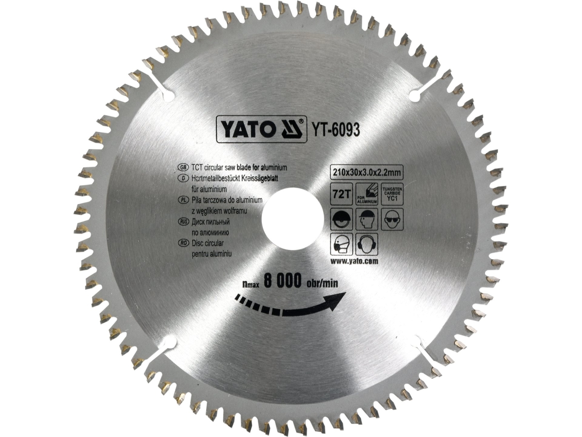 Tarcza pilarska widiowa do aluminium 210x30 mm, 72 zęby, widok z przodu YATO YT-6093