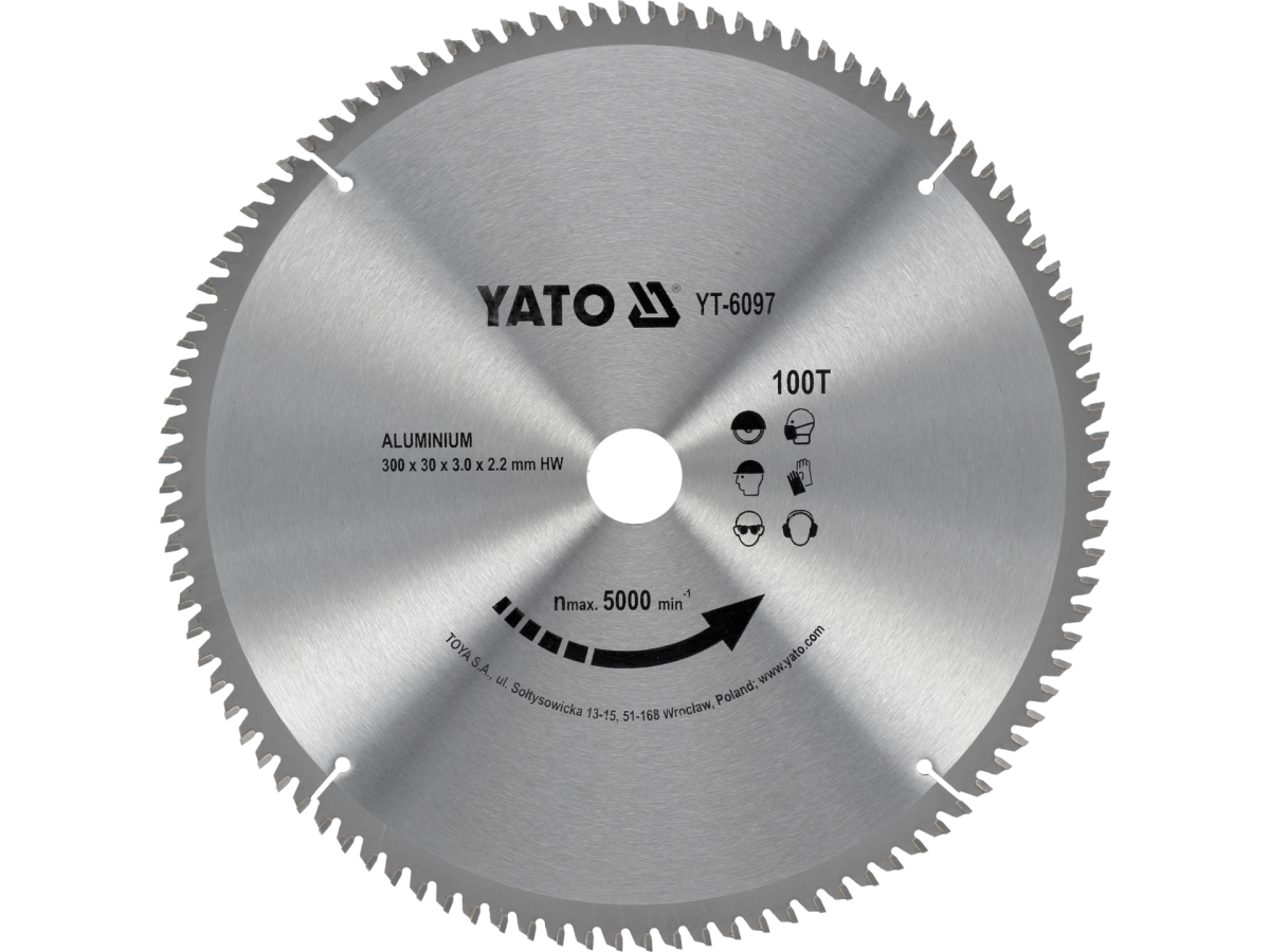 Tarcza widia do aluminium 300 mm, srebrna, 100 zębów, widok z przodu YATO YT-6097