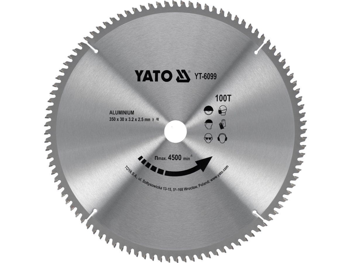 Piła tarczowa do aluminium 350x30mm 100 zębów, widok z przodu, srebrna tarcza YATO YT-6099