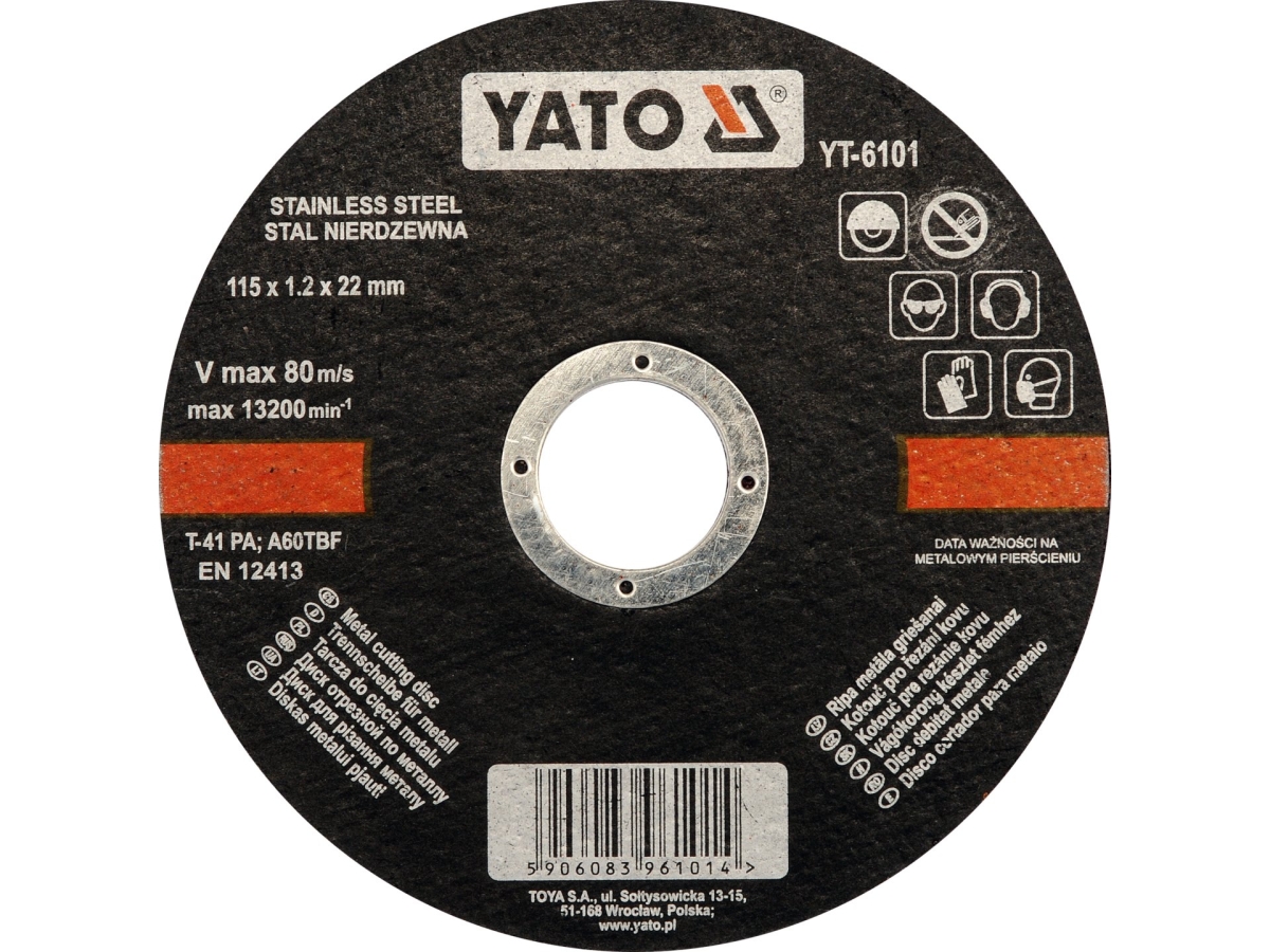 Tarcza do cięcia stali nierdzewnej 115x1,2 mm, czarna, z metalową piastą i nadrukiem YATO YT-6101