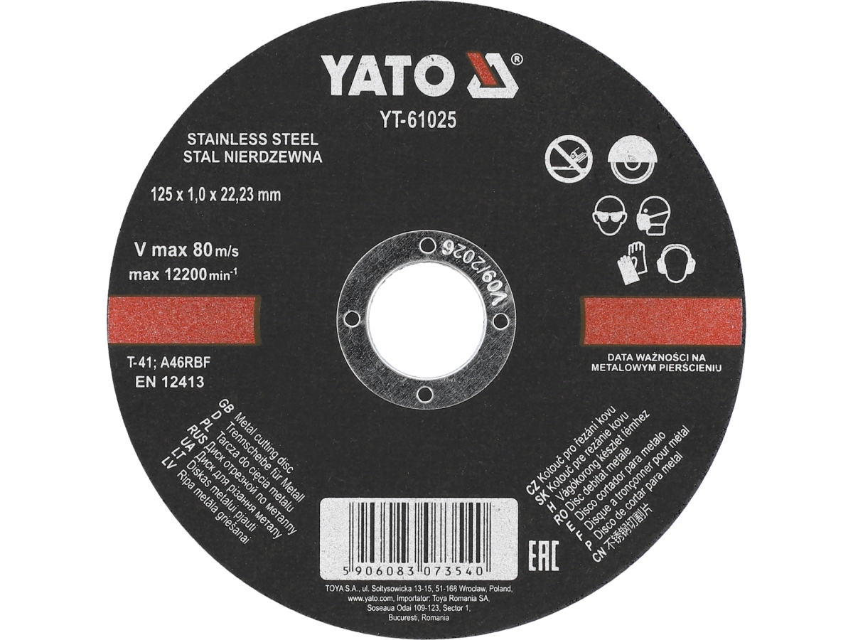 Tarcza tnąca do stali nierdzewnej 125x1 mm z opisem i oznaczeniami na etykiecie YATO YT-61025