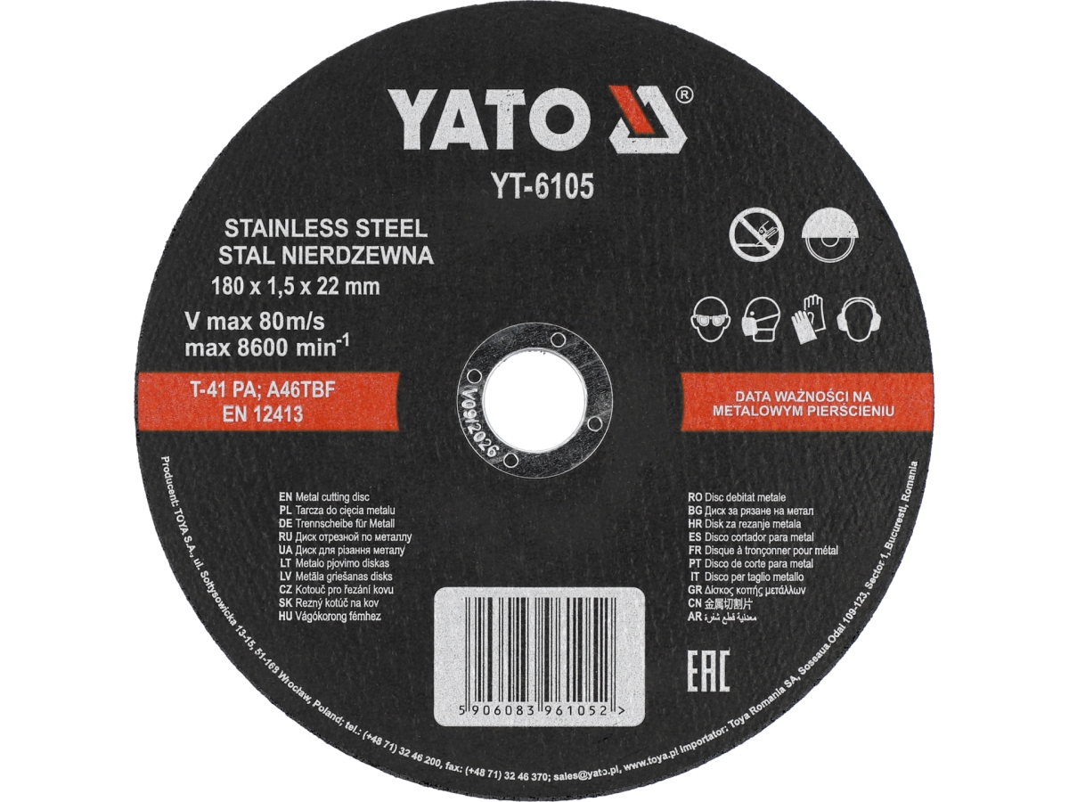 Tarcza tnąca do stali nierdzewnej 180 mm, czarna, z opisem na etykiecie YATO YT-6105