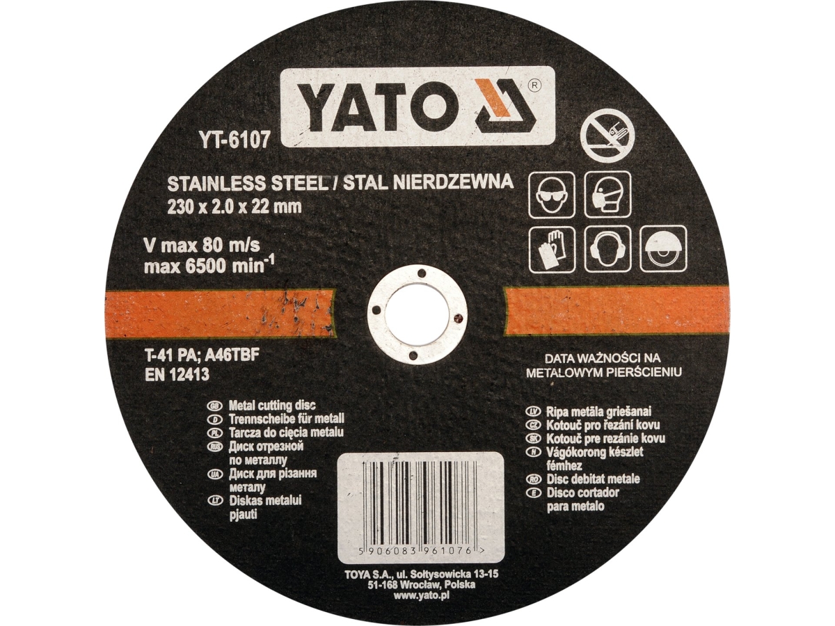 Tarcza tnąca do stali nierdzewnej 230x2 mm, czarna, widok z przodu YATO YT-6107