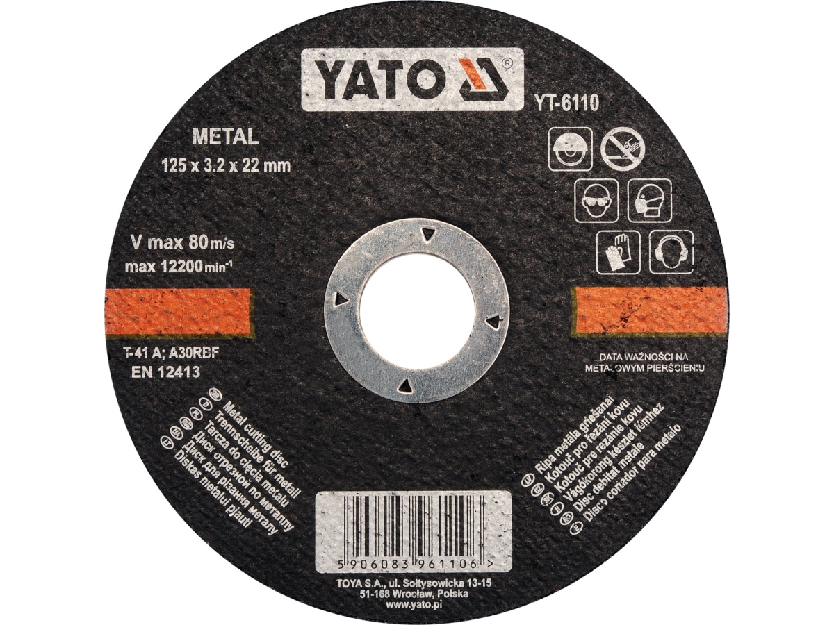 Tarcza do cięcia metalu 125 mm czarna z metalową piastą, widok z przodu YATO YT-6110