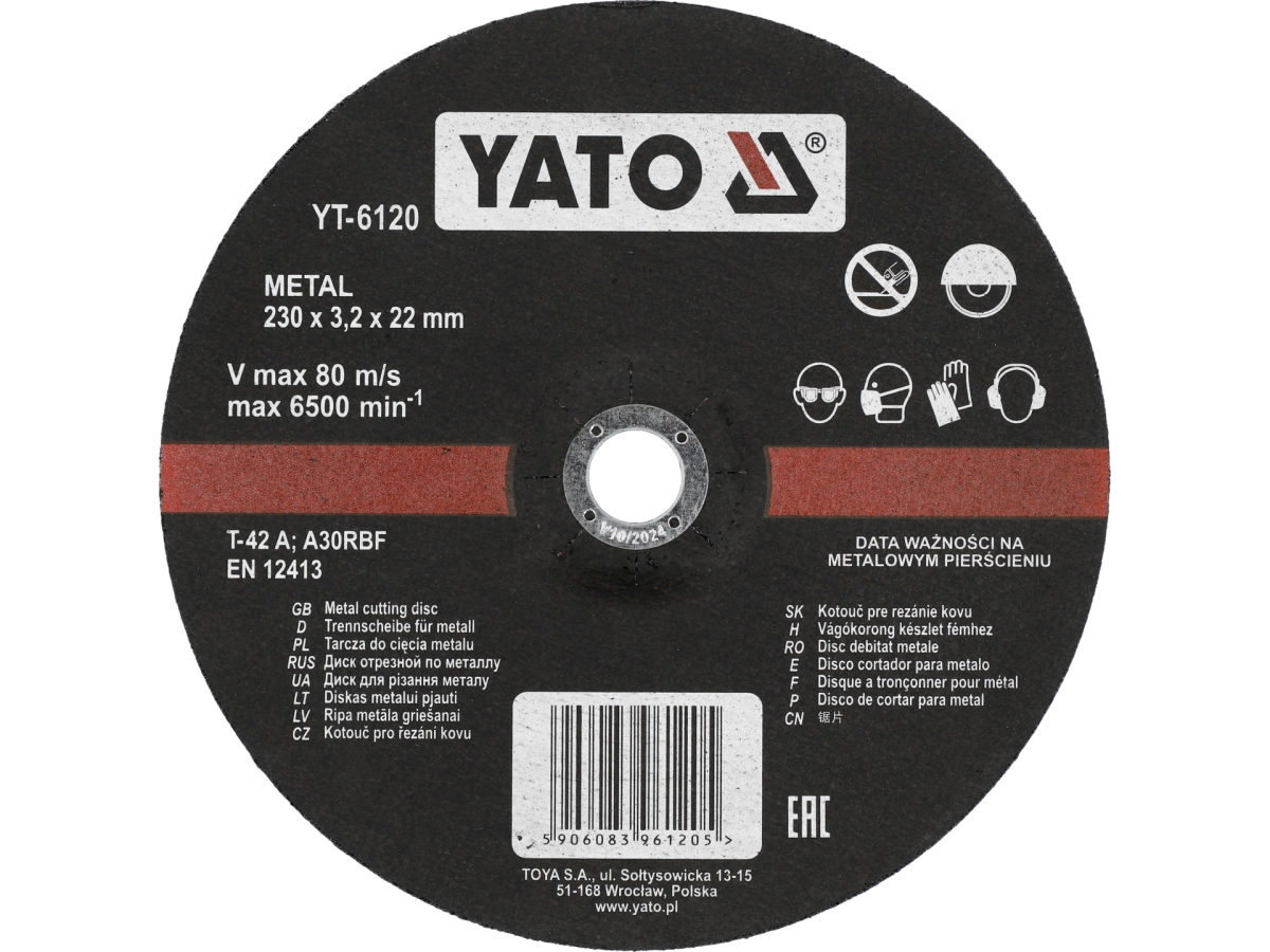 Tarcza do cięcia metalu YATO 230x2,2 mm, widok z przodu, czarna z czerwonym pasem YT-6120