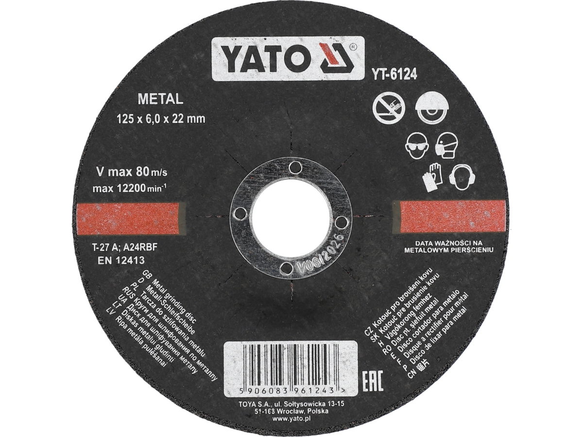 Tarcza do szlifowania metalu wypukła 125x6x22 mm widok z przodu YATO YT-6124
