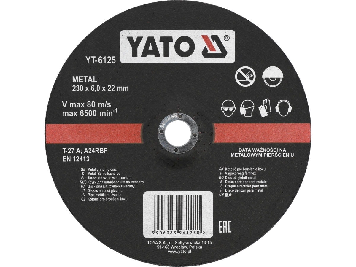 Tarcza ścierna do metalu YATO 230x6 mm z opisem i nadrukiem na tarczy YT-6125