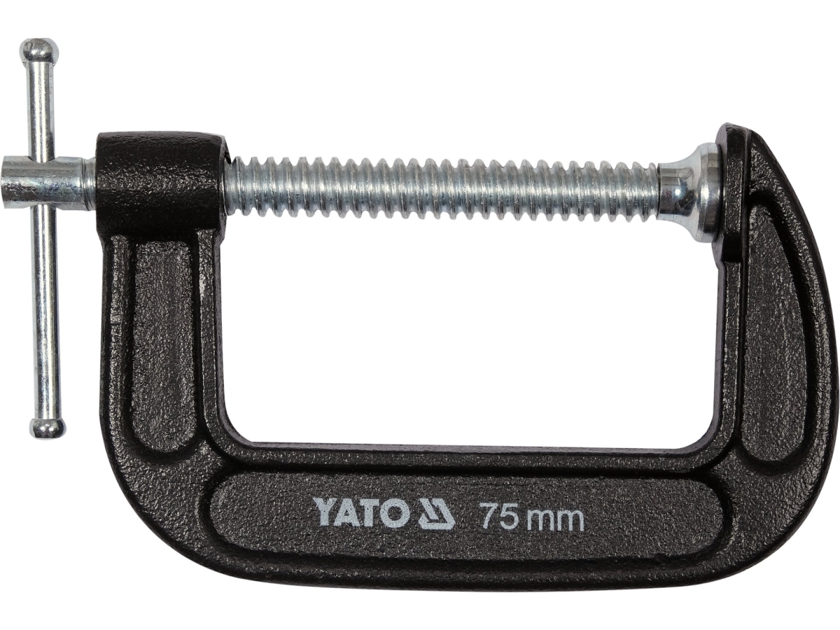 Ścisk stolarski C 75 mm czarny z metalową śrubą widok z przodu YATO YT-64252
