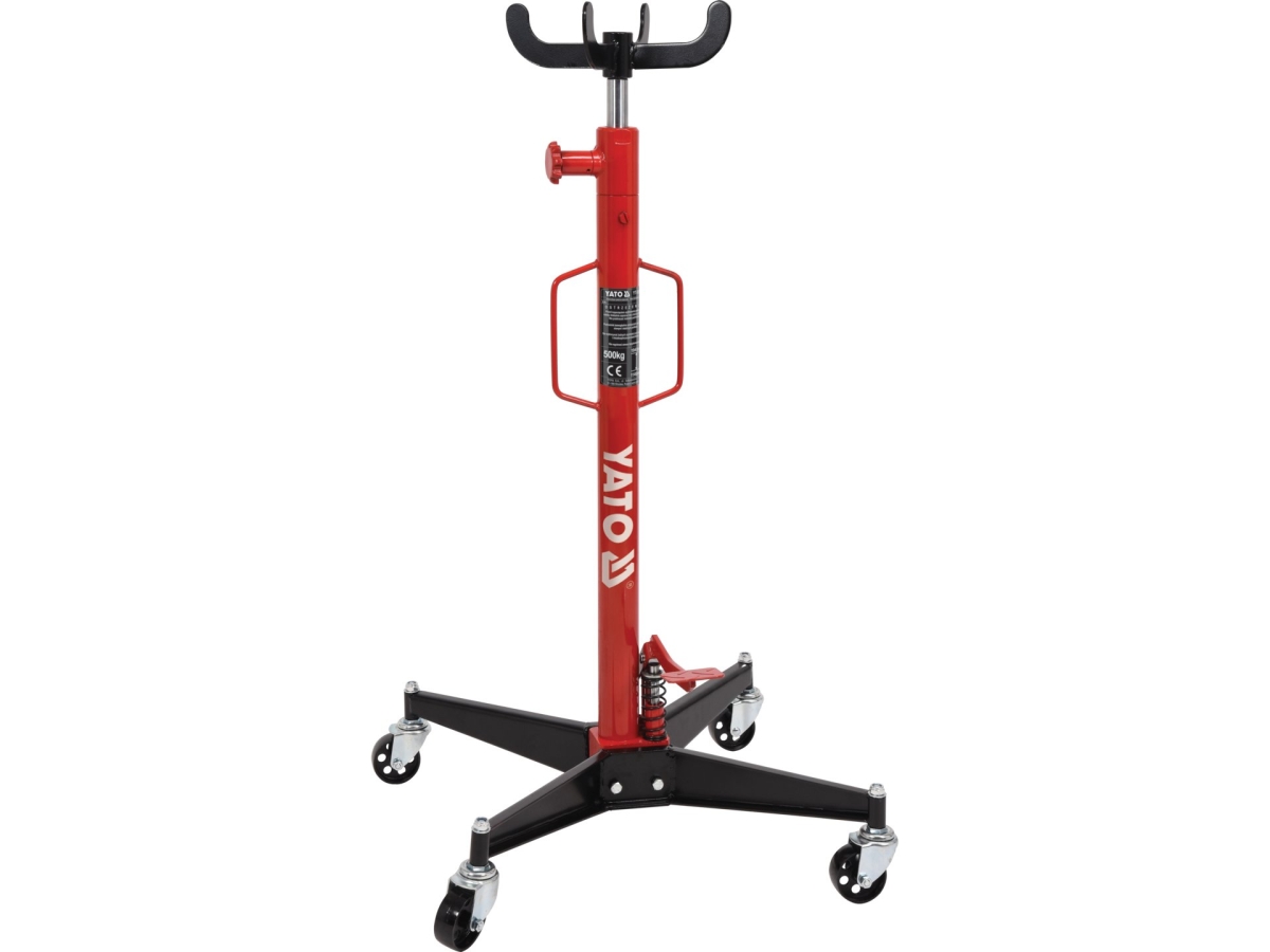 Podnośnik skrzyni biegów hydrauliczny w kolorze czerwonym z czarną podstawą na kółkach YATO YT-55600