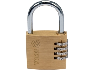 Kłódka szyfrowa jarzmowa VOREL 40mm mosiężna na 4 cyfrowy kod 77608